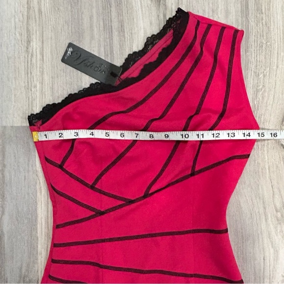NWT VFShow Hot Pink Black Asymmetrical Midi Bodycon Cocktail Dress Size XS - Picture 2 of 6